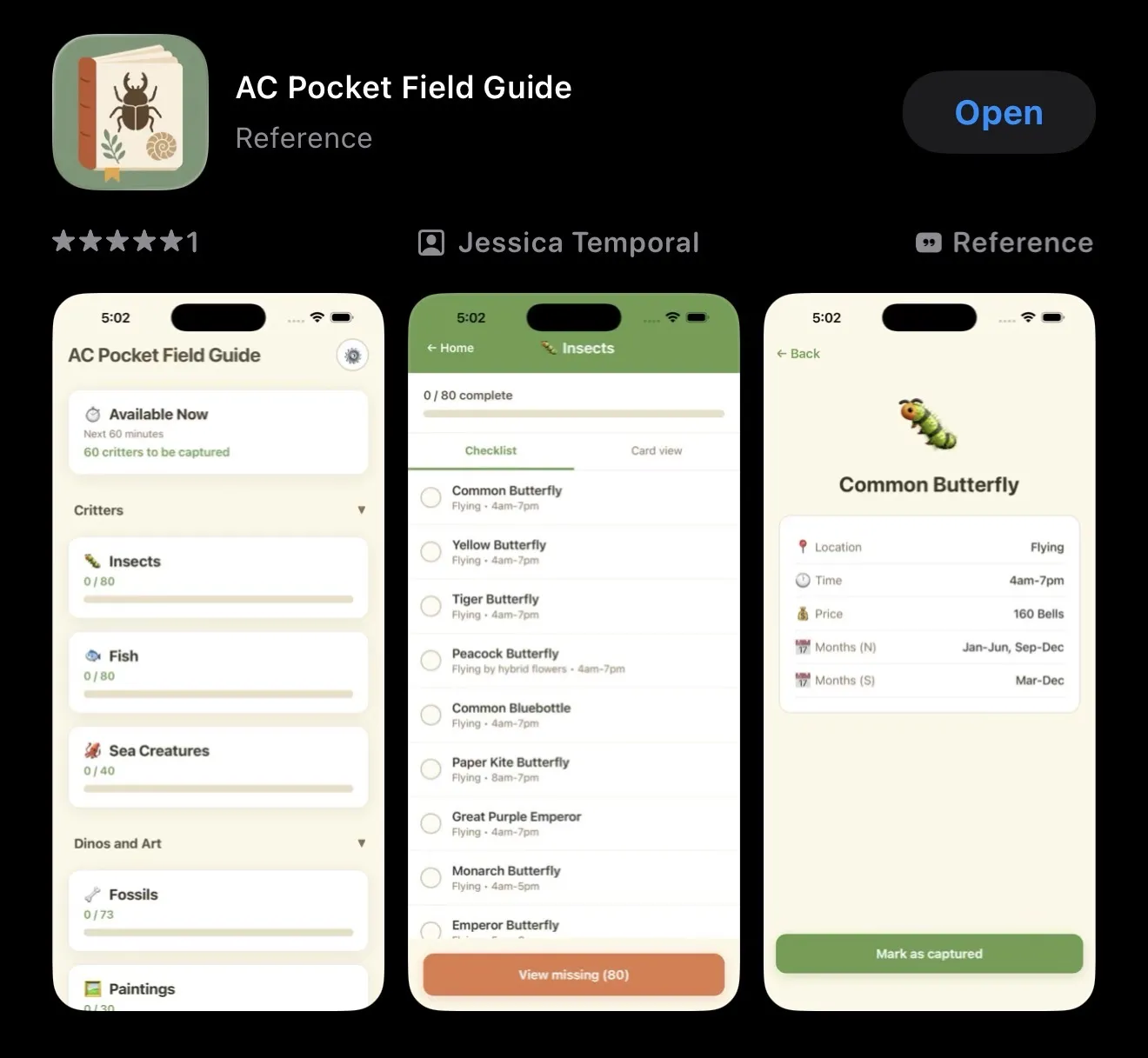 App Store listing for AC Pocket Field Guide showing the new logo and three screenshots