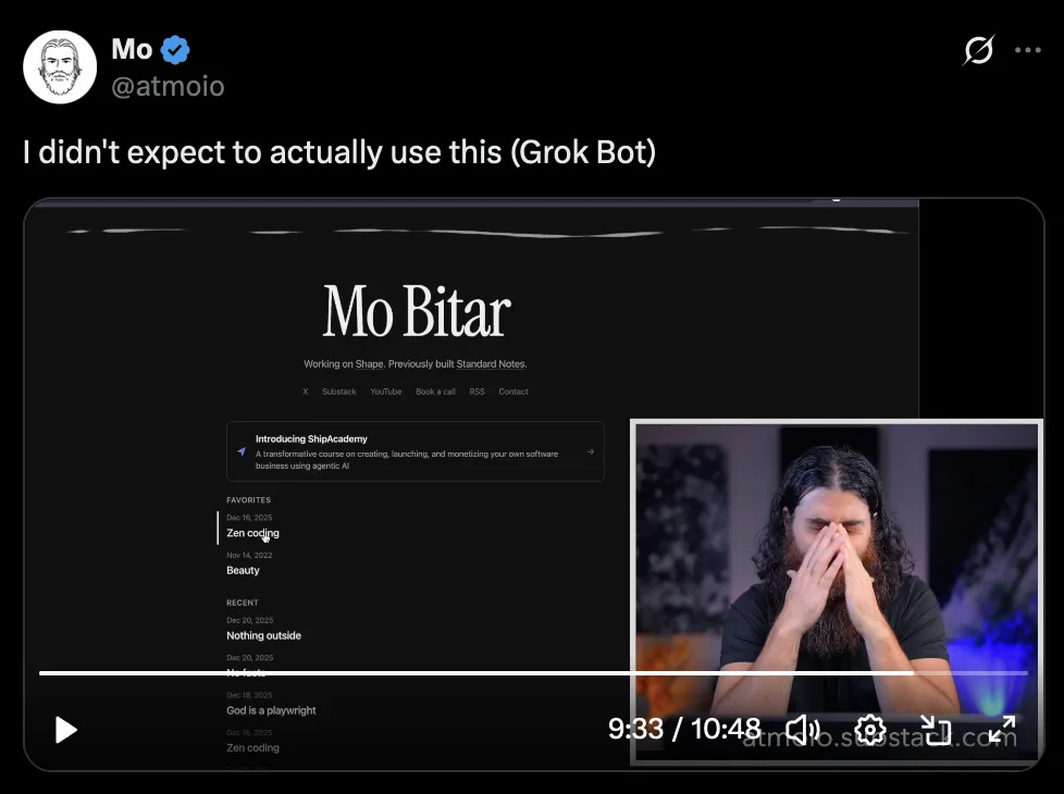 Tweet from Mo showing a Grok Bot video titled I didn't expect to actually use this