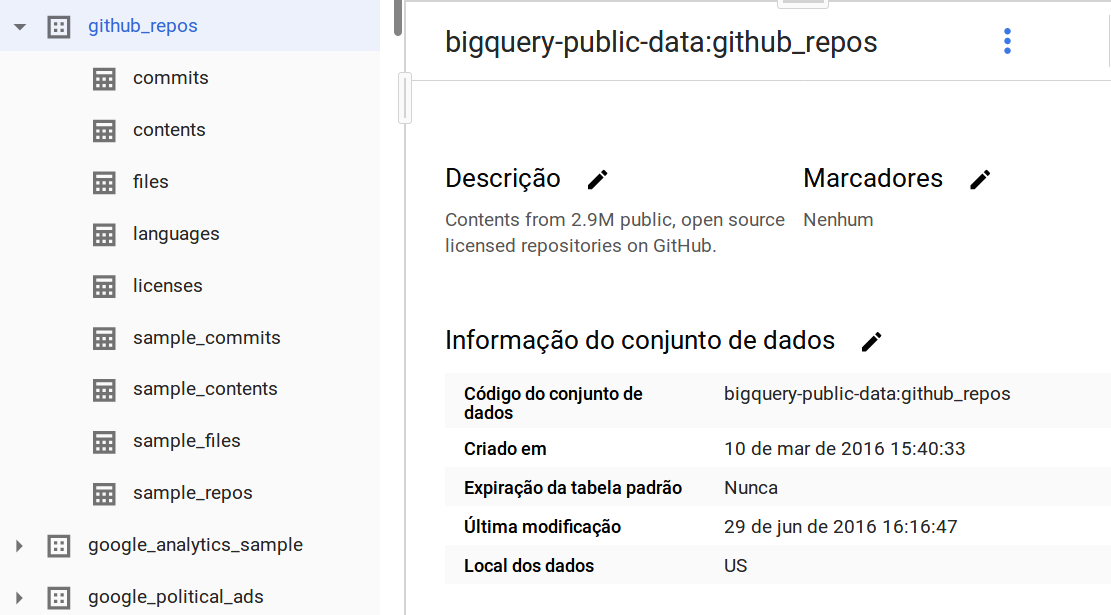 imagem mostrando o dataset do github no bq