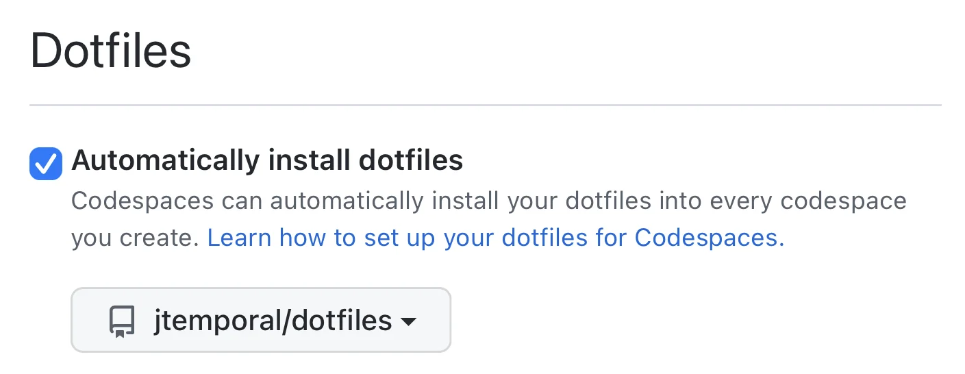 Dotfiles settings section with the use of dotfiles enables