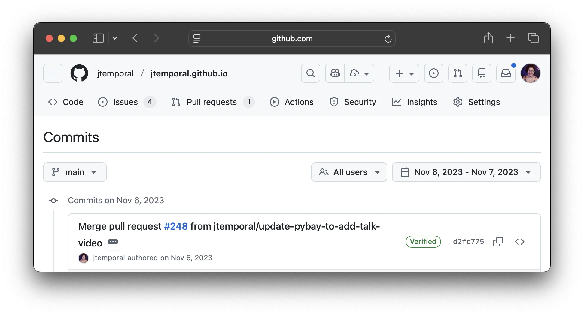 GitHub commits page showing date-based filtering interface to search for commits within specific time periods