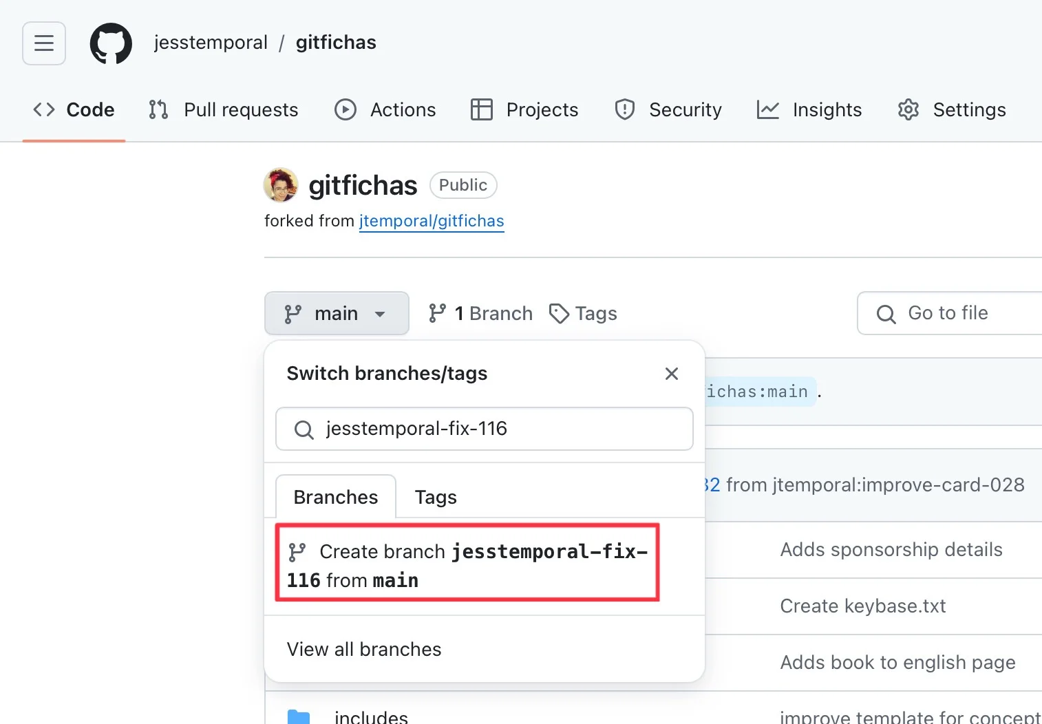 creating a branch in the github interface