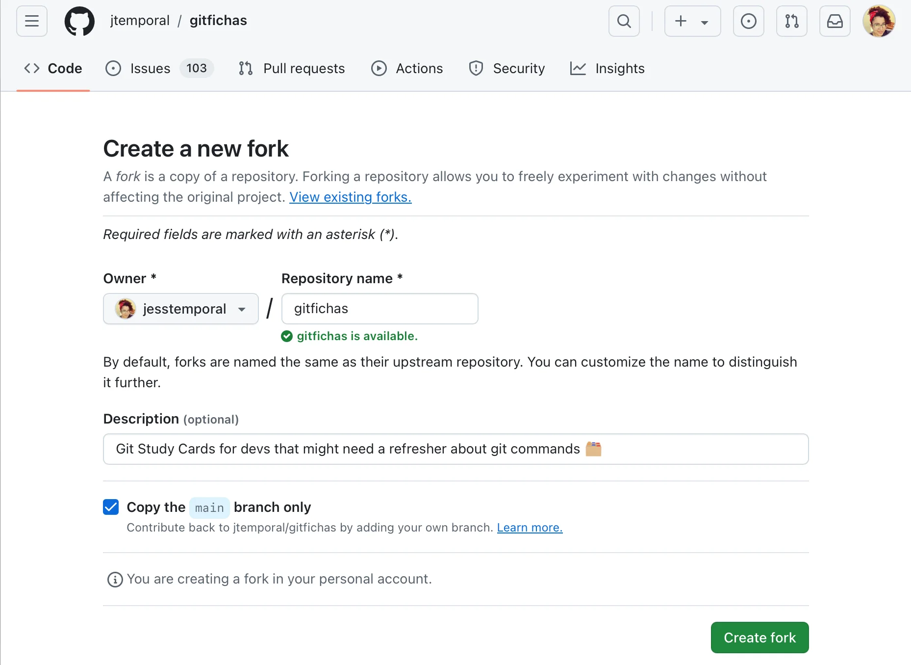 Form for creating a fork
