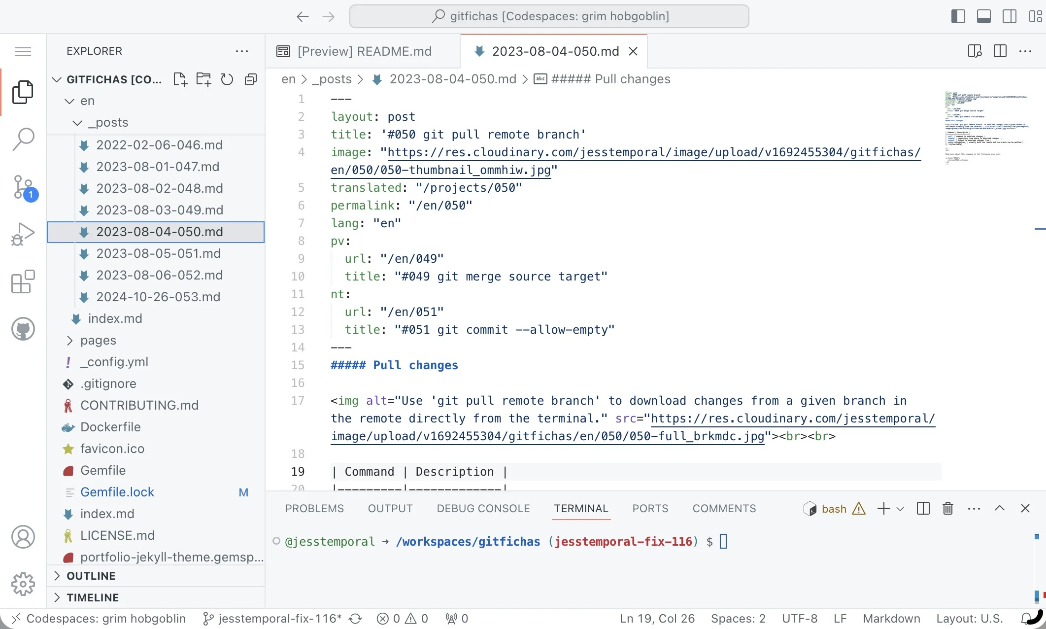 GitHub Codespaces with GitFicha 050 file open