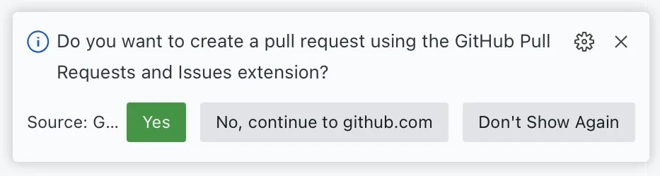 pull request pop up using the extension in codespaces