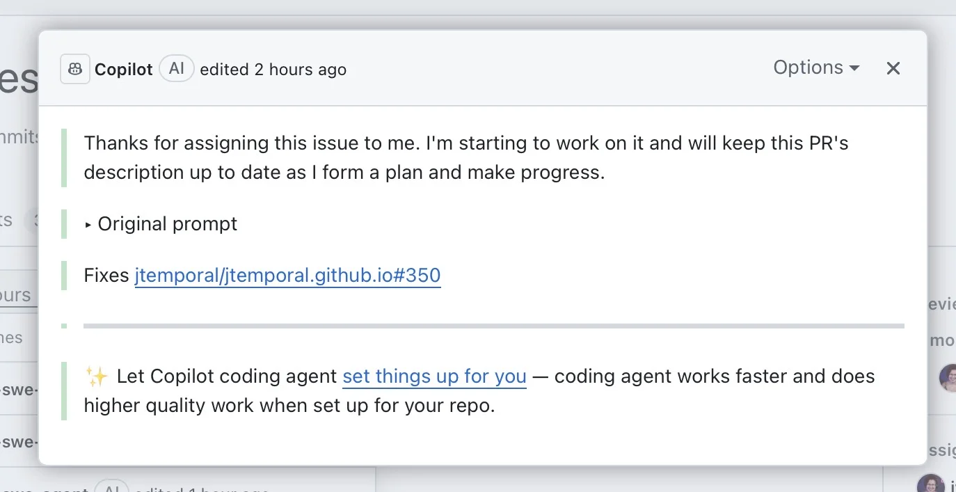 GitHub Copilot's initial pull request description showing it will work on the issue and update the PR with progress