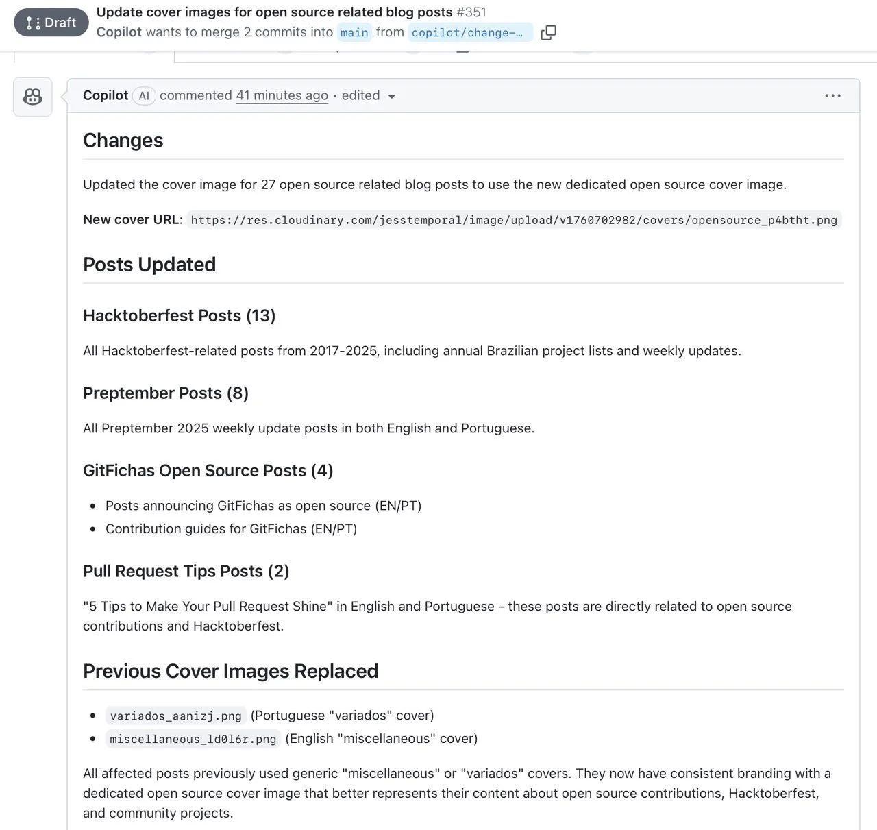 GitHub Copilot's comprehensive report showing all 27 posts that were updated with the new cover image, organized by category