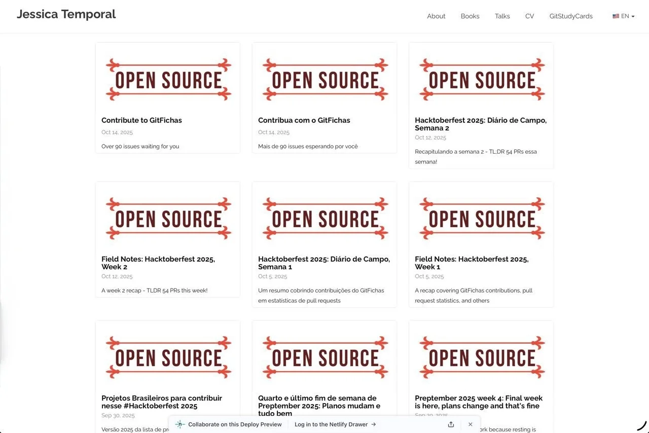 Blog homepage showing multiple posts all using the same 'open source' cover image, creating visual monotony