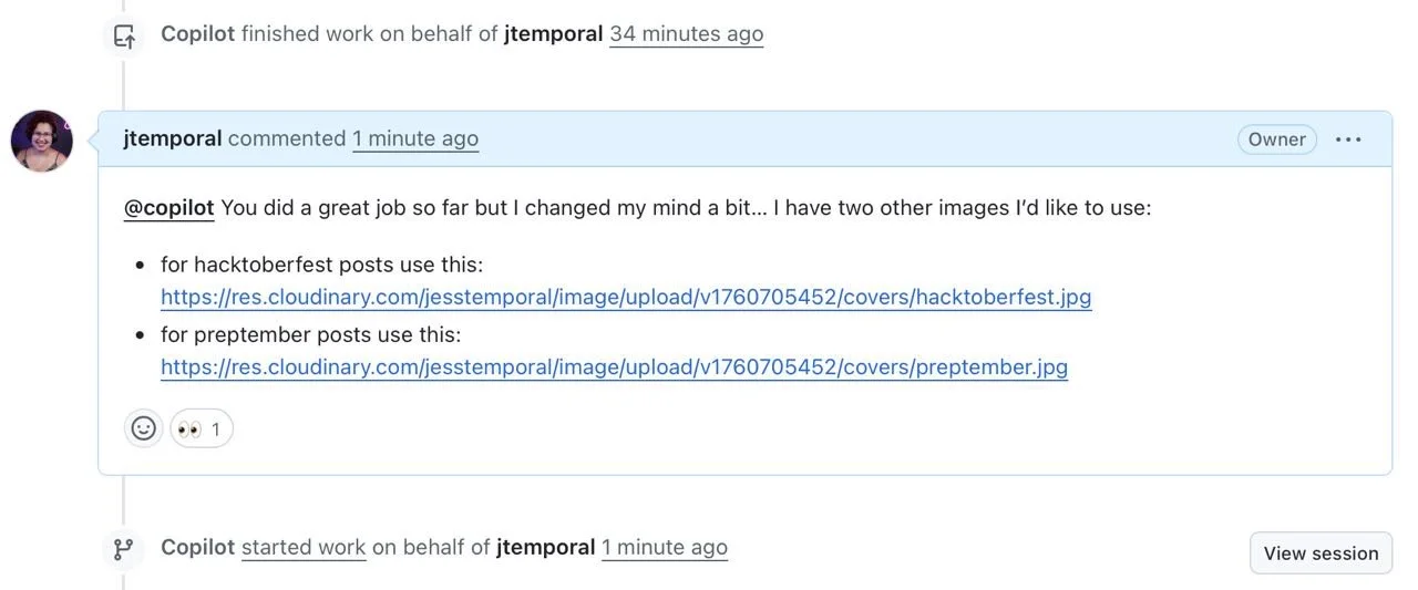 Comment on the GitHub pull request tagging Copilot with instructions about the new cover images for Hacktoberfest and Preptember posts