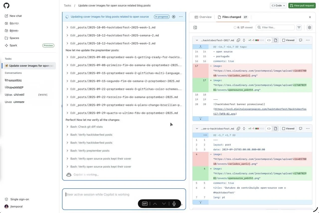 GitHub Copilot session view showing the real-time progress as it processes the cover image adjustments task