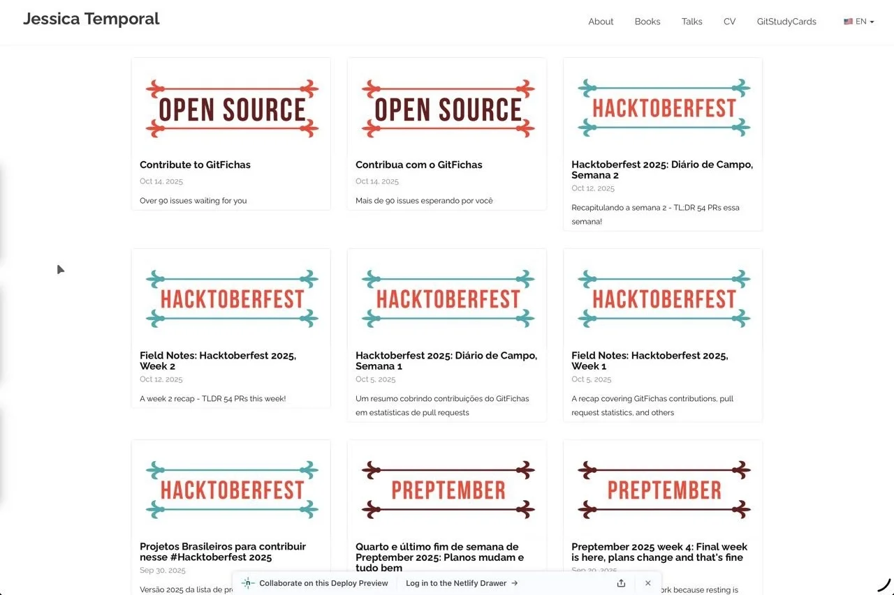 Blog homepage now showing diverse cover images - Hacktoberfest posts with orange covers, Preptember posts with their own design, and other open source content with the new cover