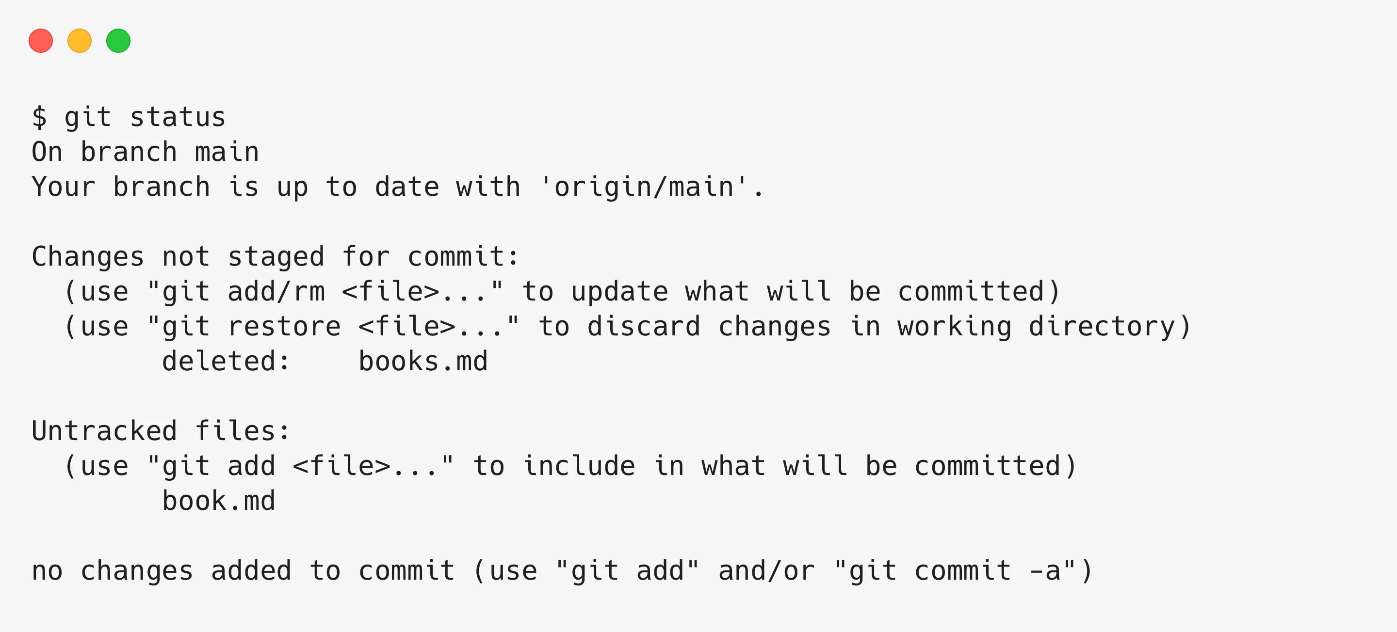 Git status showing the file was deleted and another created