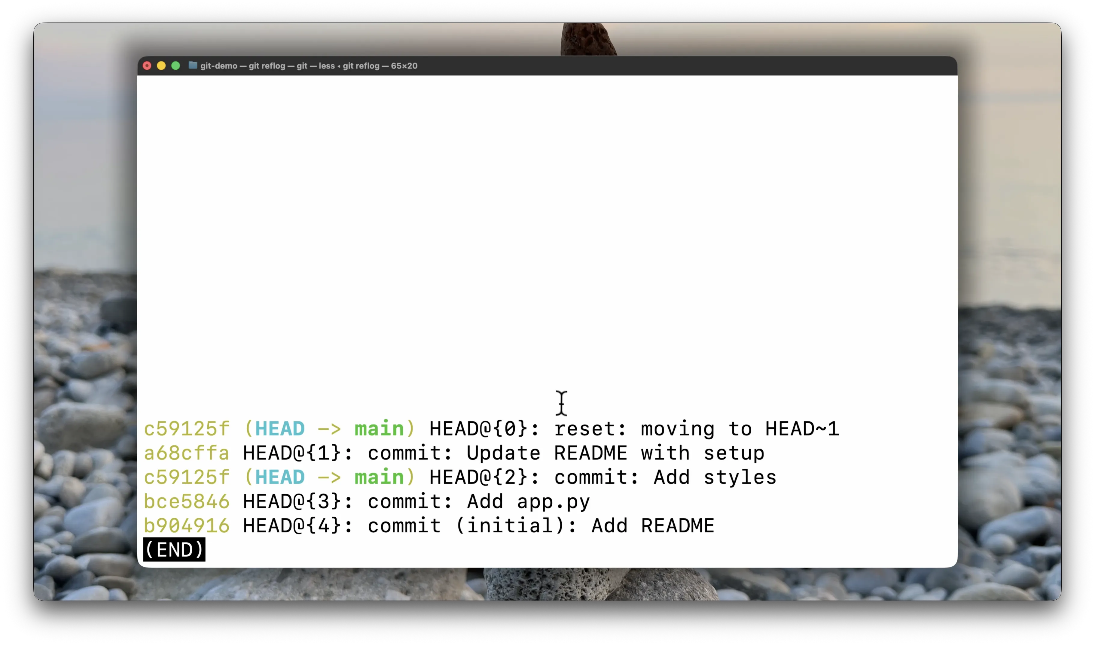 saída do git reflog mostrando movimentos recentes do HEAD