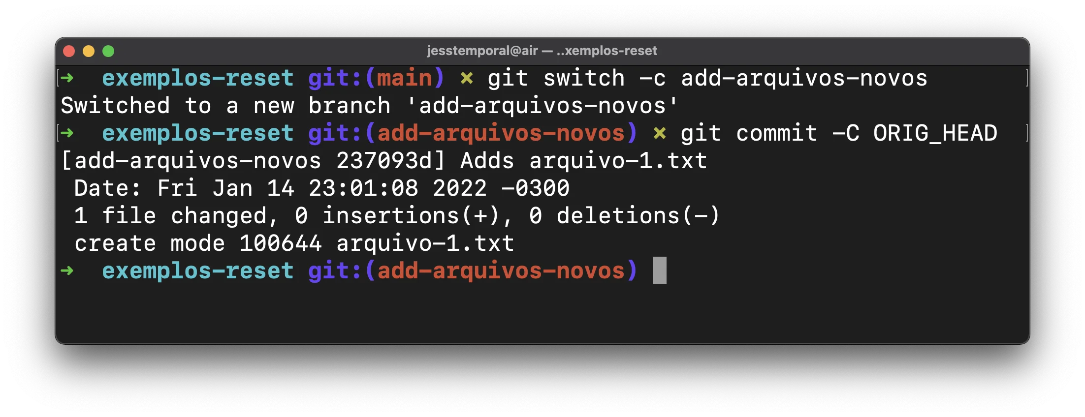 Screenshot showing the output of the commands git switch -c add-arquivos-novos followed by git commit -C ORIG_HEAD