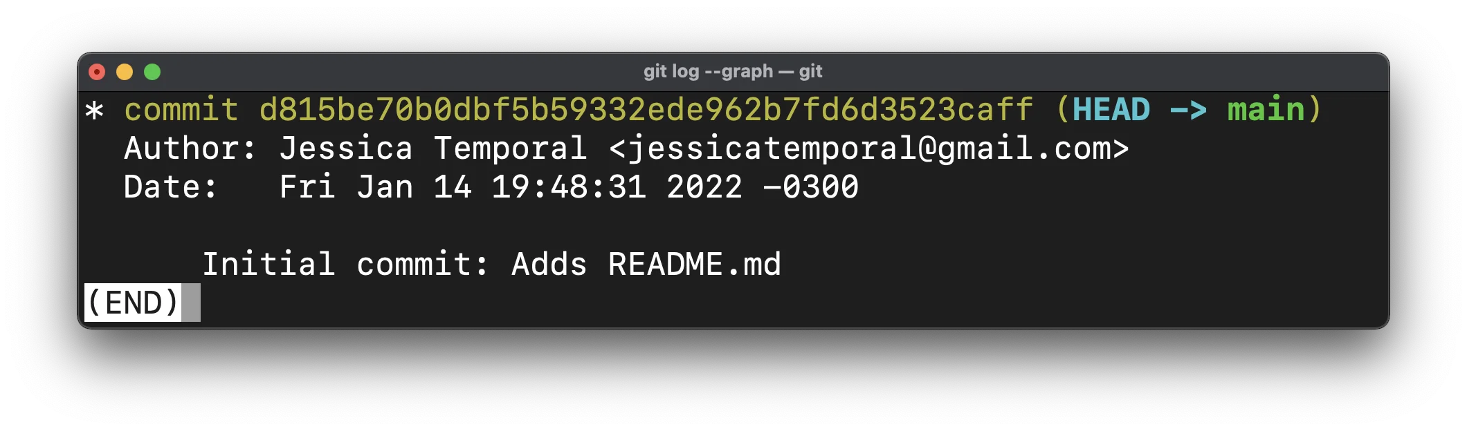 Screenshot with the commit history showing only the initial commit as the others were undone
