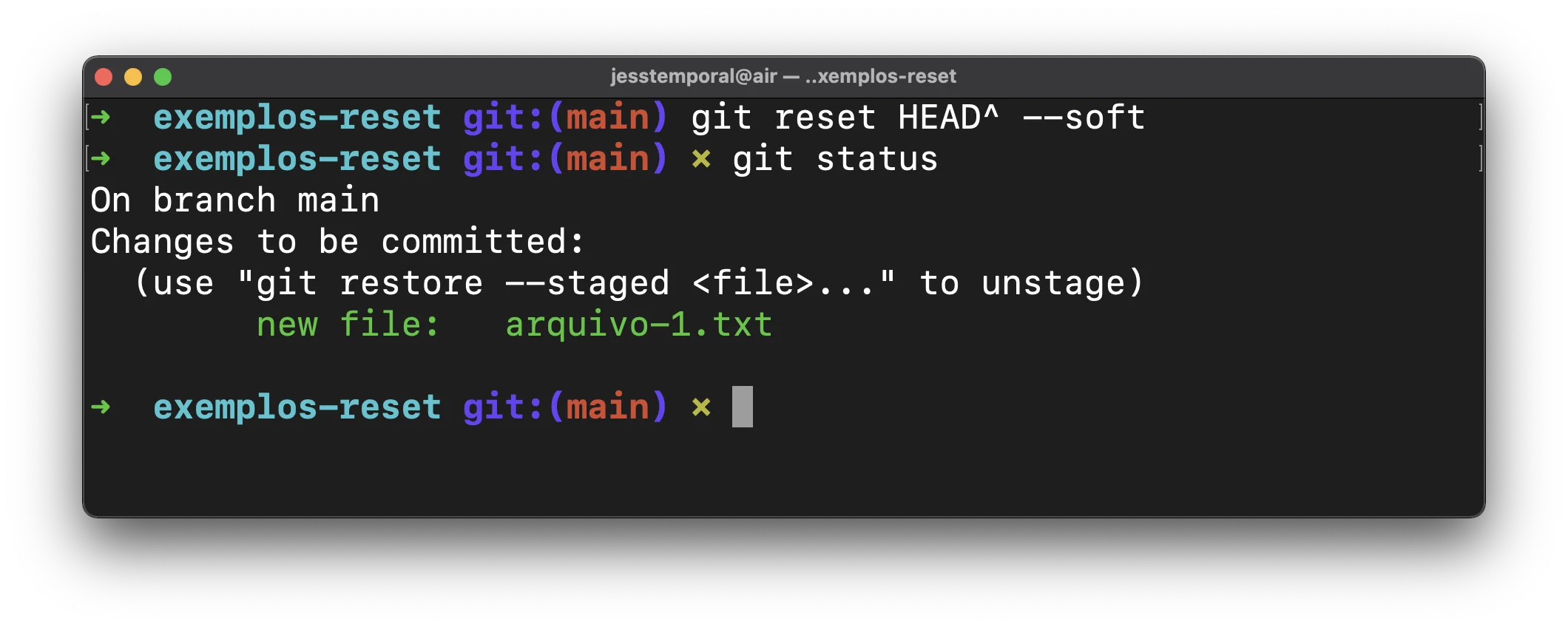 Screenshot showing the output of the command git reset HEAD^ --soft