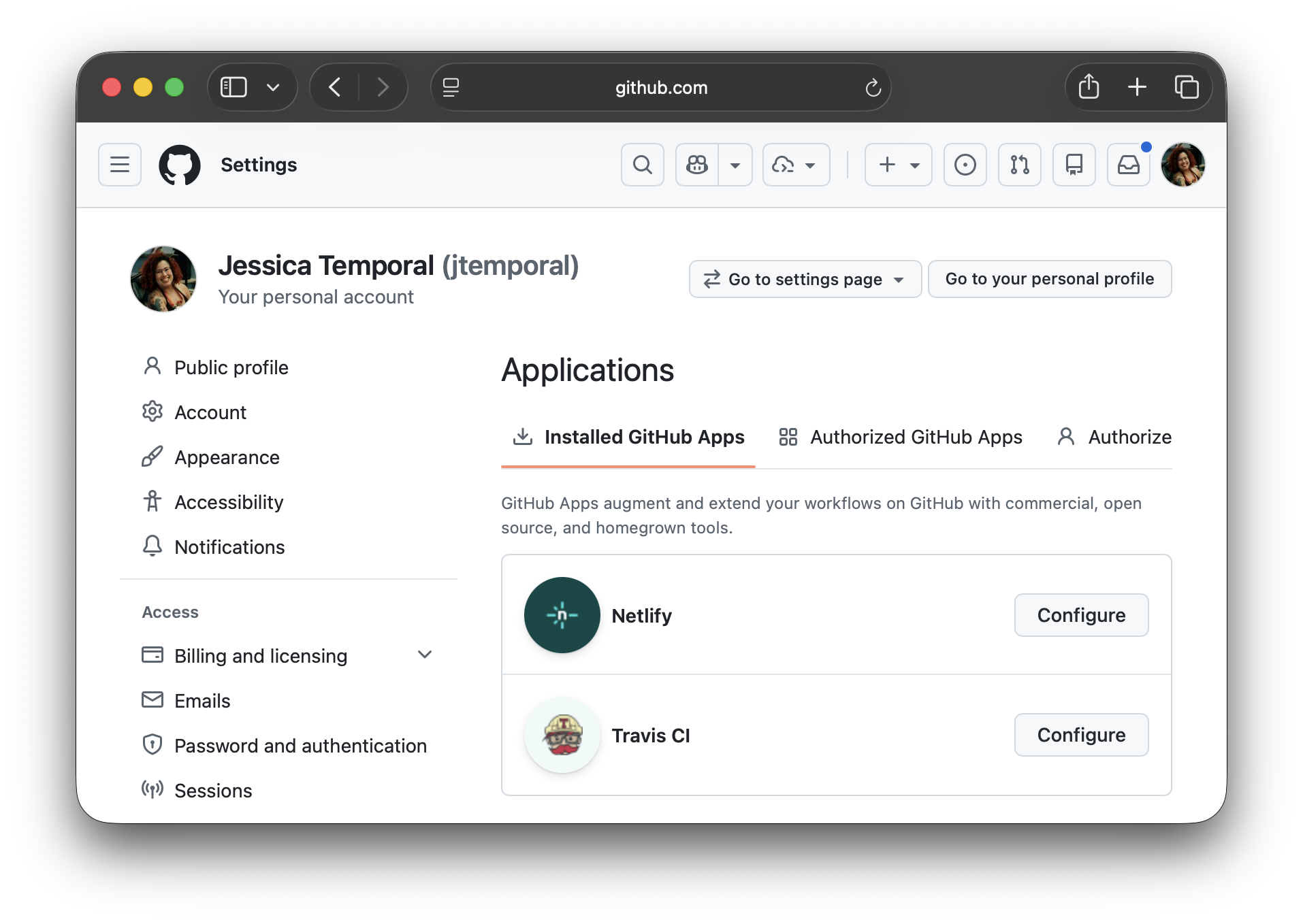 GitHub Settings Applications page with Netlify under Installed GitHub Apps