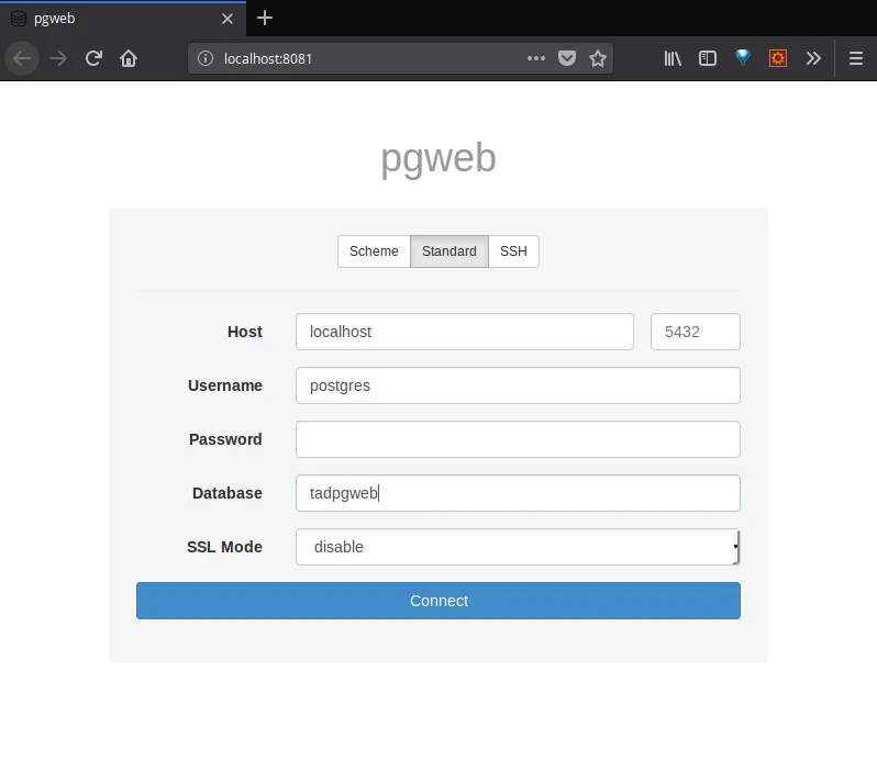 pgweb database connection page with filled data