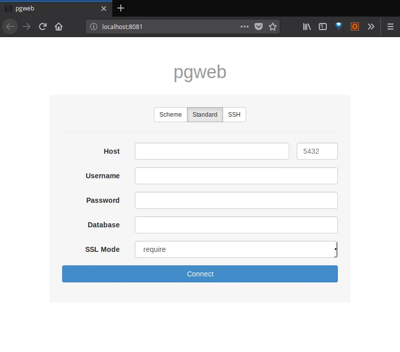 pgweb database connection page