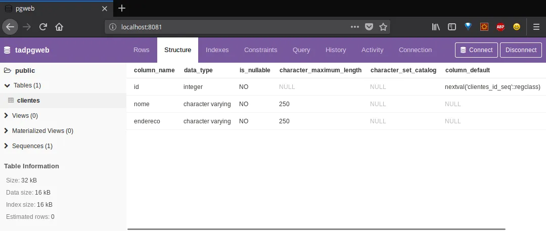 clientes table structure tab